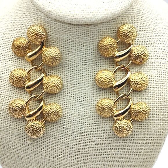 Textured Dangle Drop Earrings Gold Tone Vintage - Picture 7 of 7